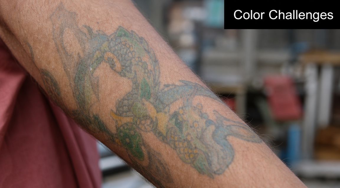 A close-up view of a faded, colored dragon tattoo on a person's forearm skin.
