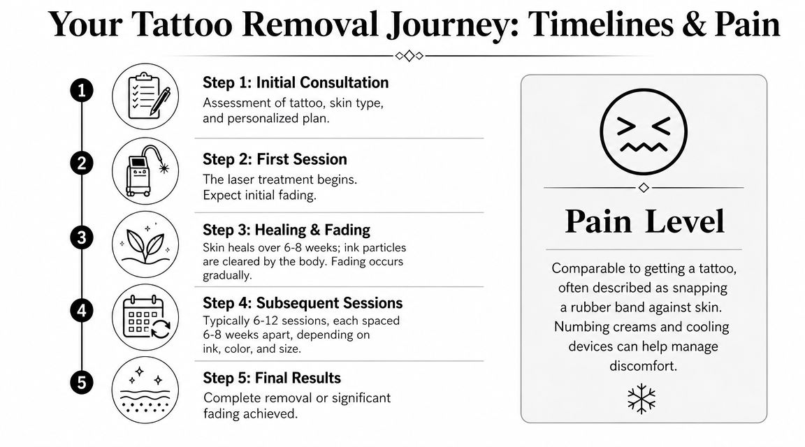 An infographic detailing the five steps of the professional tattoo removal process and expected pain levels.