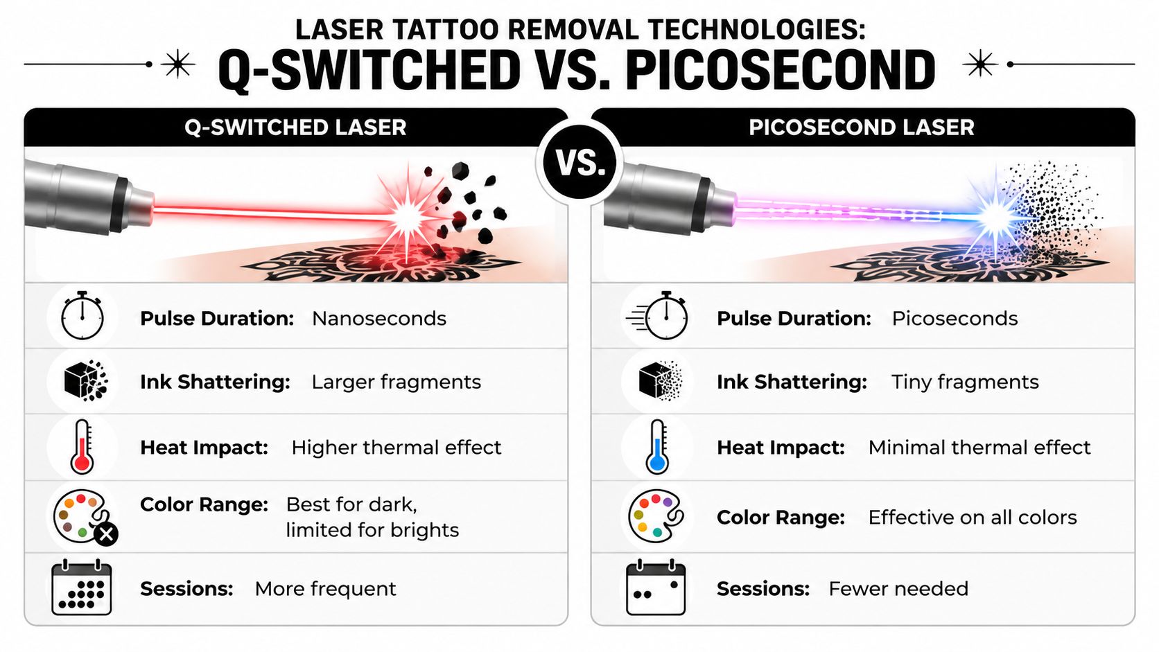 A comparison chart showing differences between Q-Switched and Picosecond lasers for effective colored tattoo removal.