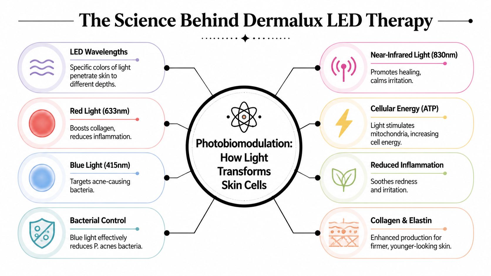 A diagram explaining the science behind Dermalux LED therapy and its benefits for skin rejuvenation.