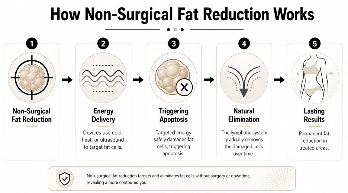 A five-step infographic illustrating the process of non-surgical fat reduction through targeted apoptosis and natural elimination.