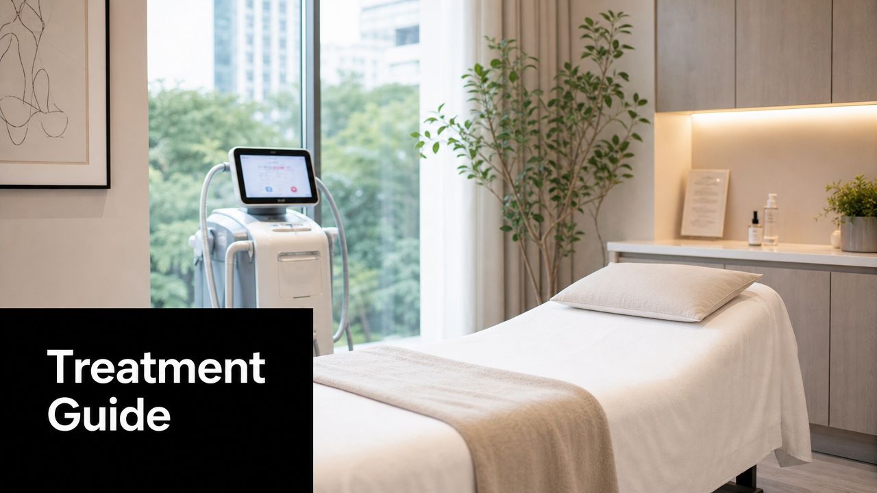 A professional spa or clinic treatment room featuring a medical aesthetic device, a massage table, and greenery.