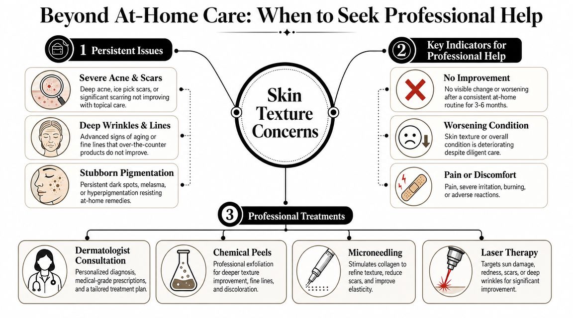 An infographic showing when to seek professional help for persistent skin texture concerns and available treatments.