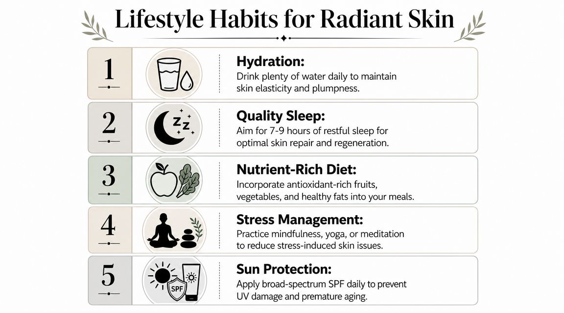 A numbered list of five essential lifestyle habits for maintaining healthy and radiant skin.