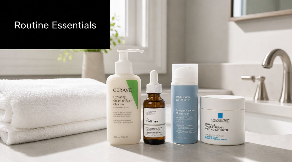 A collection of various skincare products including cleansers, serums, and moisturizers arranged on a bathroom counter.
