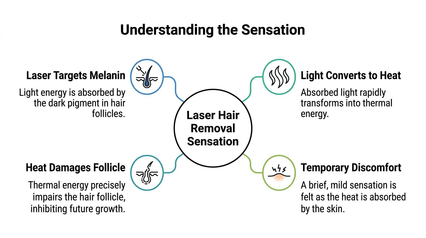 A diagram explaining the sensation of laser hair removal through light absorption and thermal energy damage.