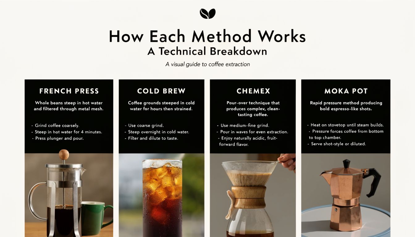 An infographic showing four common coffee brewing methods, including French Press, Cold Brew, Chemex, and Moka Pot.