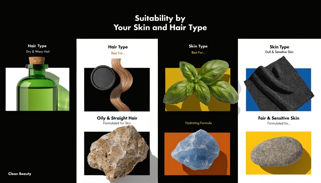 An infographic displaying beauty product suitability based on different hair and skin types using natural imagery.
