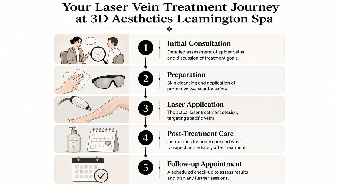 A five-step infographic outlining the laser treatment journey for spider veins at 3D Aesthetics Leamington Spa.
