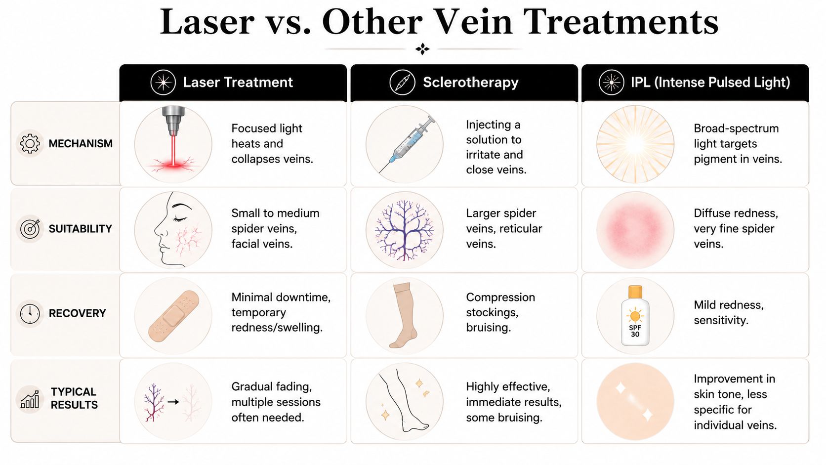 A comparison chart detailing the differences between Laser Treatment, Sclerotherapy, and IPL for spider vein removal.