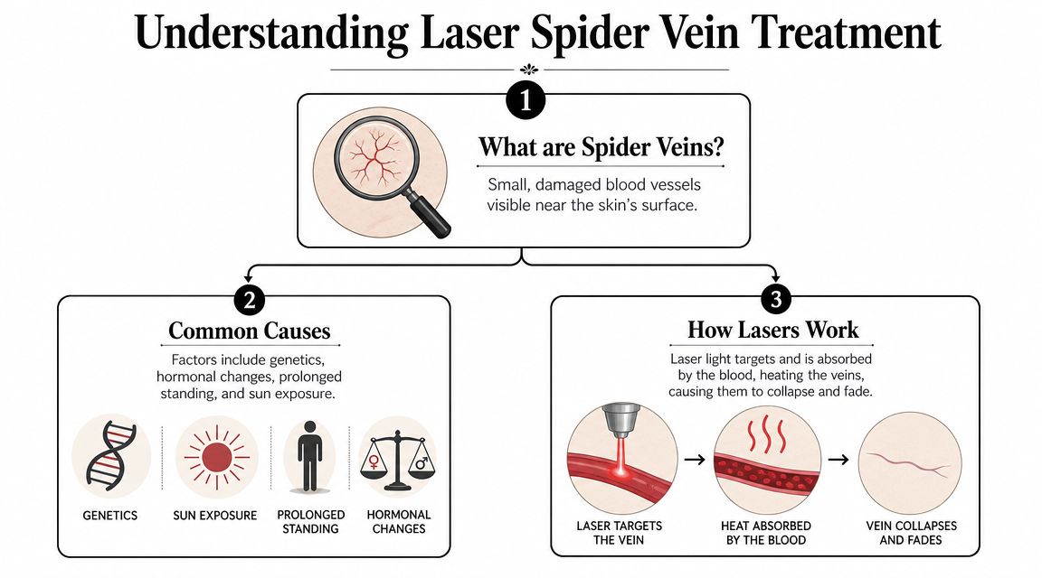 An infographic explaining laser spider vein treatment, detailing causes and how the laser procedure effectively works.