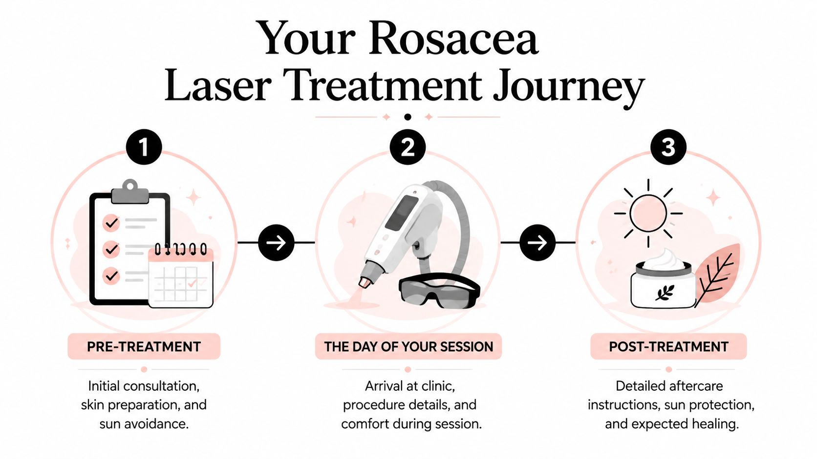 A three-step infographic explaining the journey of a rosacea laser treatment from preparation to post-procedure care.