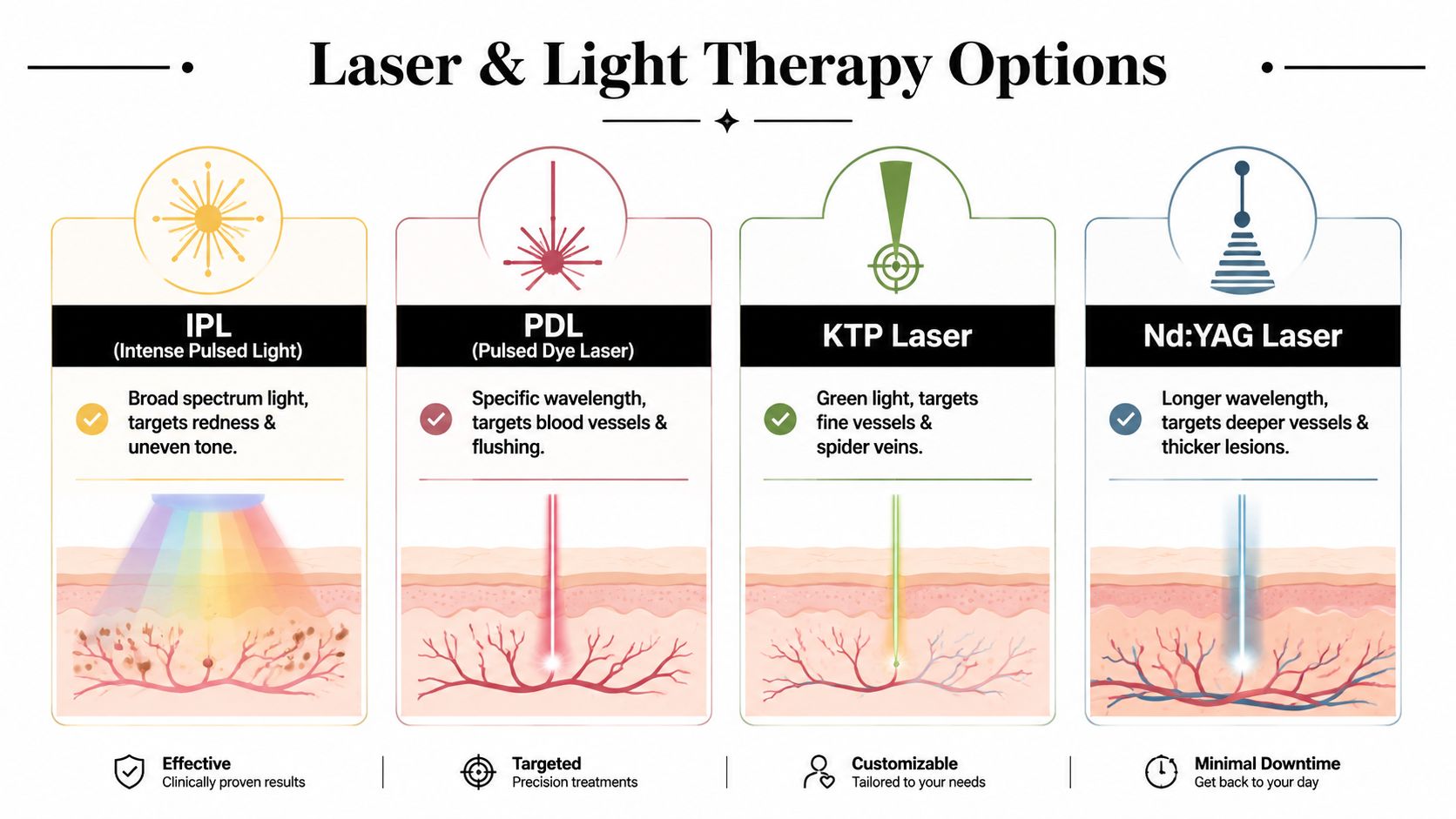 An infographic comparing four laser and light therapy options used to treat skin conditions like rosacea.
