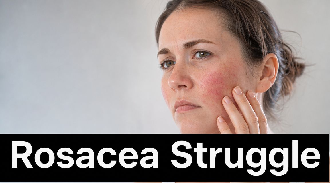 A woman touching her face which shows visible signs of red inflammation associated with skin rosacea condition.