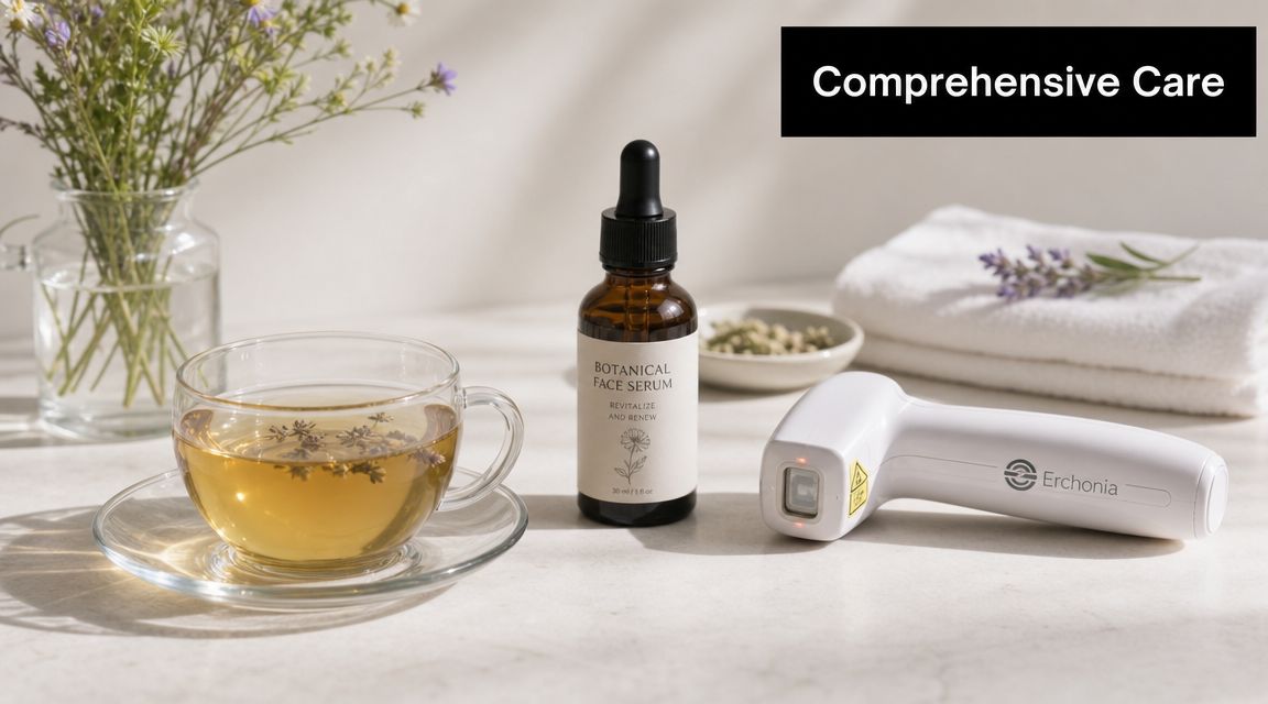 A minimalist wellness scene featuring a tea cup, botanical face serum, and an Erchonia laser treatment device.
