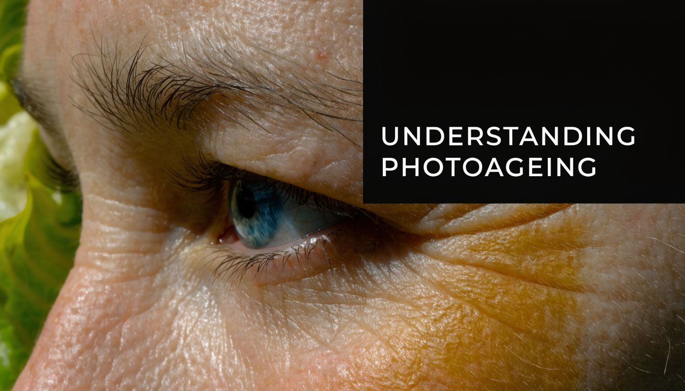 A close-up view of a person's eye area showing visible signs of sun damage and photoageing.