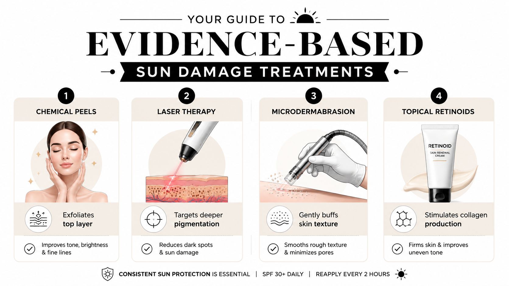 An infographic titled Guide to Evidence-Based Sun Damage Treatments listing four common dermatological procedures for skin rejuvenation.