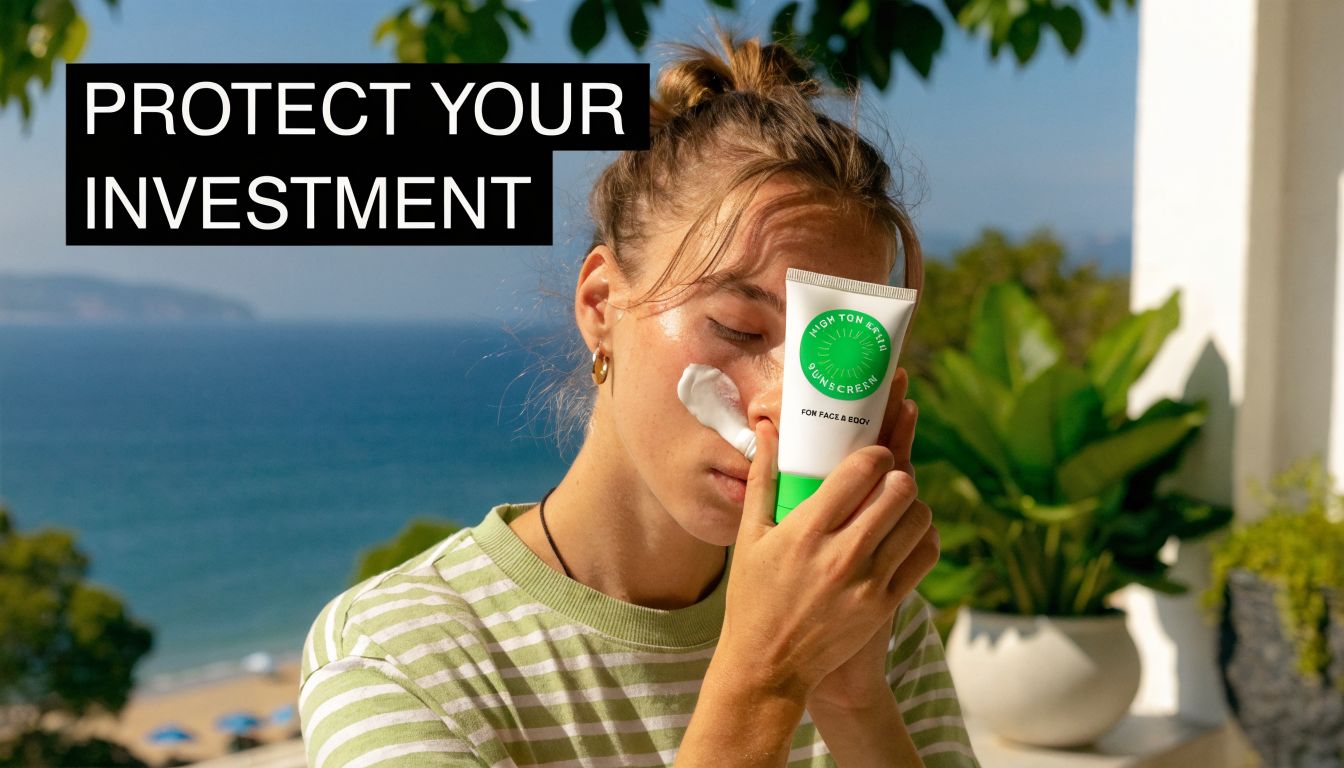 A woman applying sunscreen to her face while overlooking a beach to prevent sun damage skin treatment.