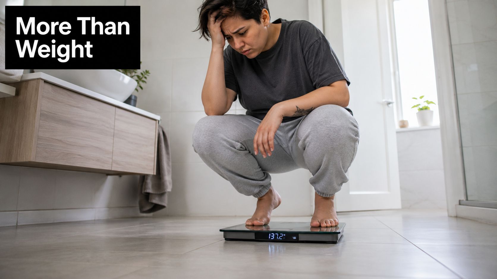 A person looking distressed while crouching and weighing themselves on a digital scale in a bathroom.