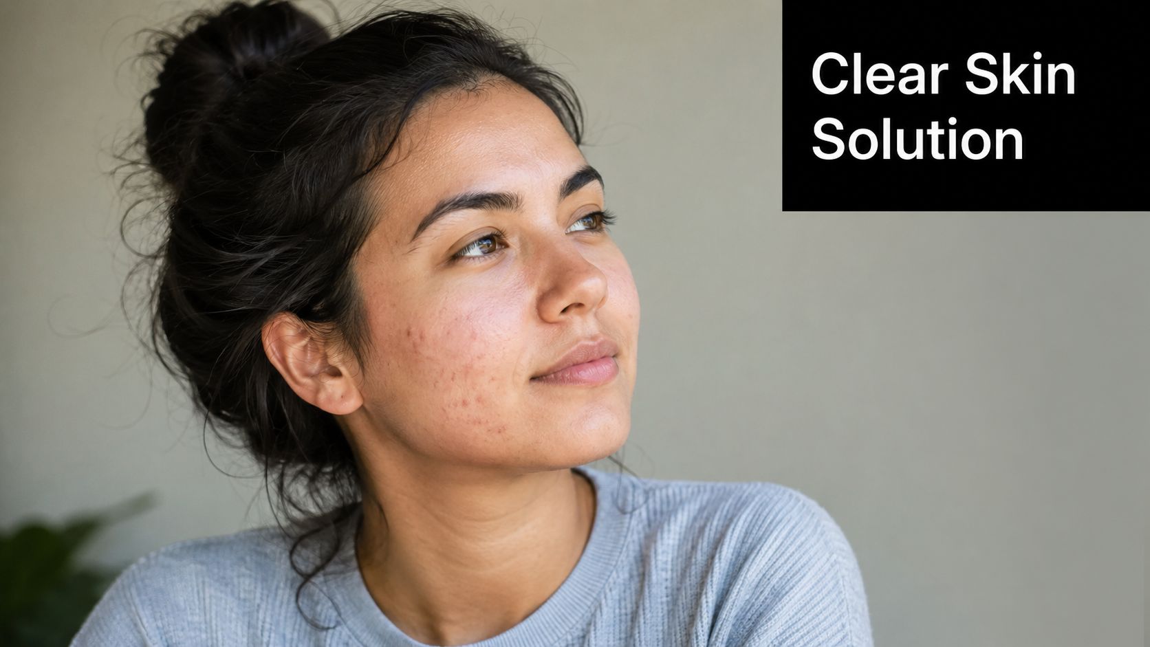 A young woman looking upwards with visible skin blemishes on her cheek, promoting skincare and dermatology treatments.