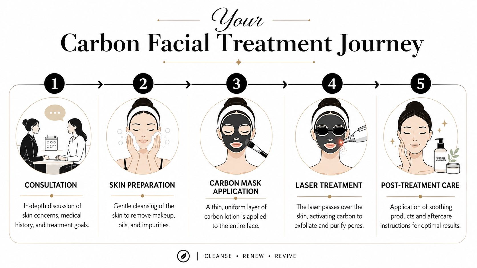 An infographic showing the five steps of a carbon facial treatment journey from consultation to post-treatment care.