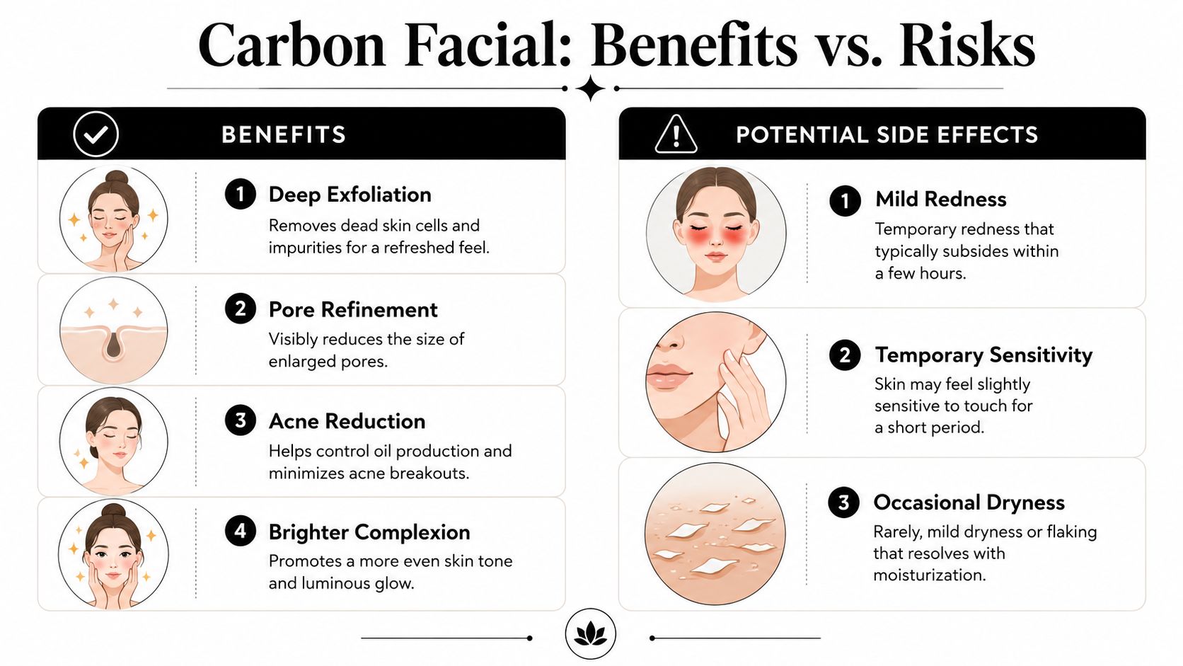 An infographic titled Carbon Facial Benefits vs Risks listing four benefits and three potential side effects.