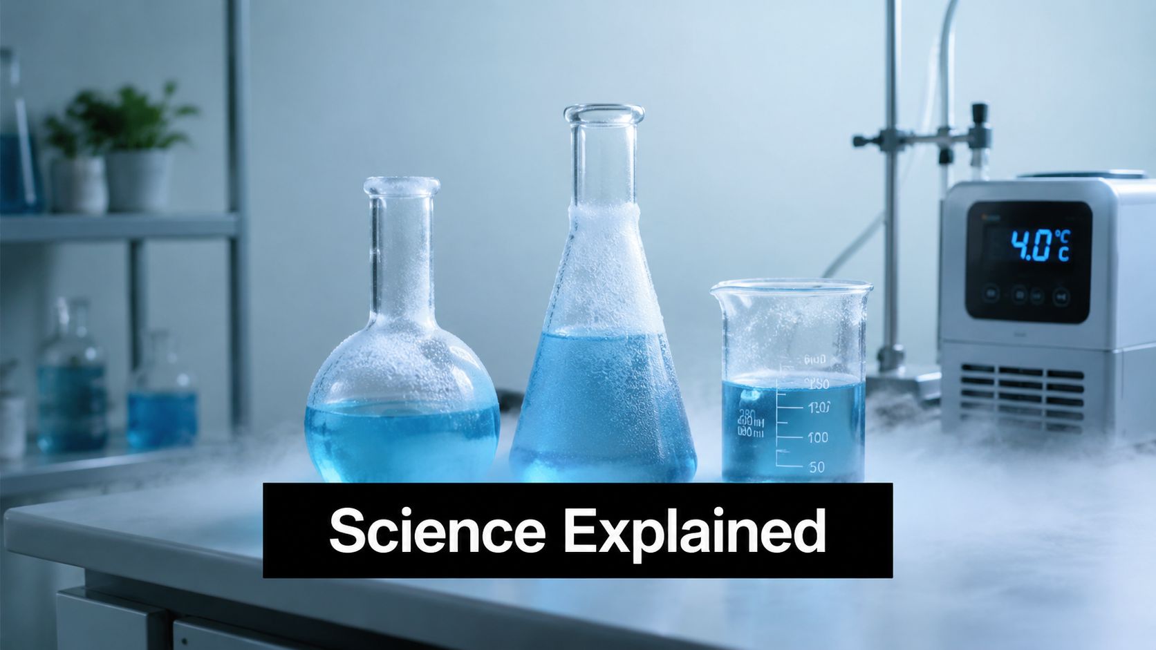 Glass laboratory beakers and flasks with blue liquid on a table surrounded by cooling dry ice fog.