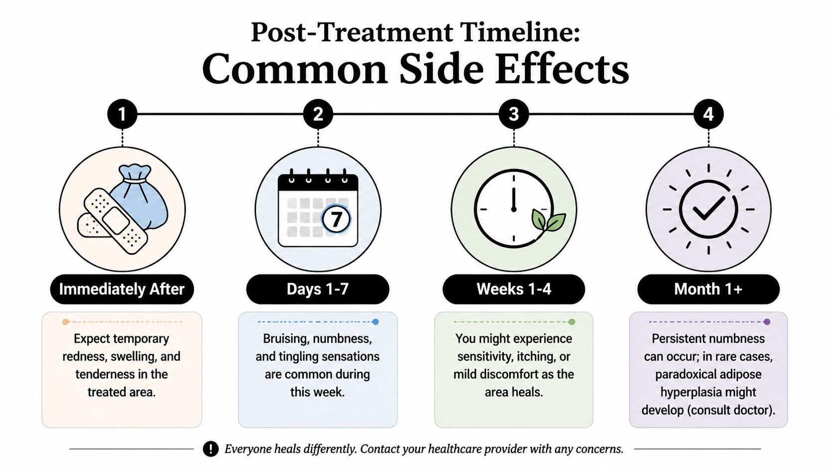 A timeline graphic showing common post-treatment side effects including redness, swelling, bruising, and numbness over four stages.