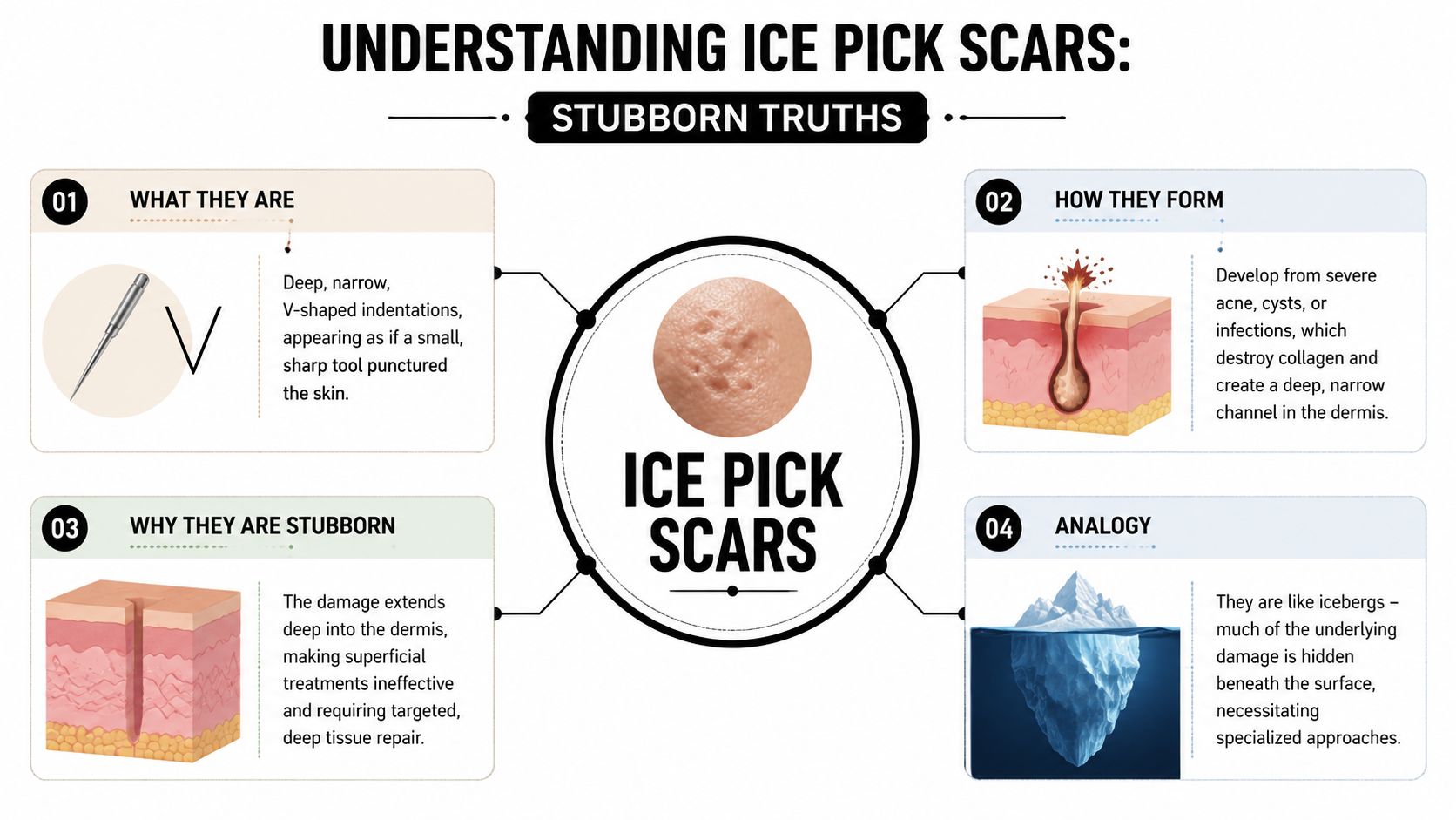 An infographic explaining ice pick scars, detailing how they form, their appearance, and why they are stubborn.