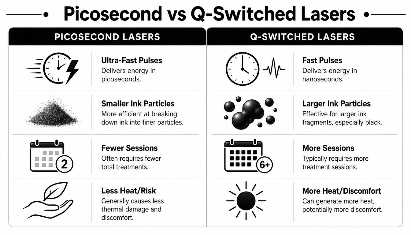 A comparison chart showing differences between picosecond lasers and Q-switched lasers for tattoo removal treatments.