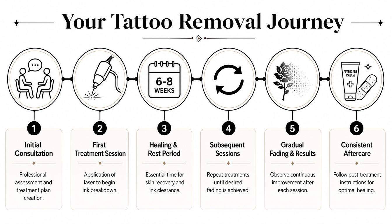 A flowchart infographic outlining the six-step process for professional tattoo removal from consultation to consistent aftercare.