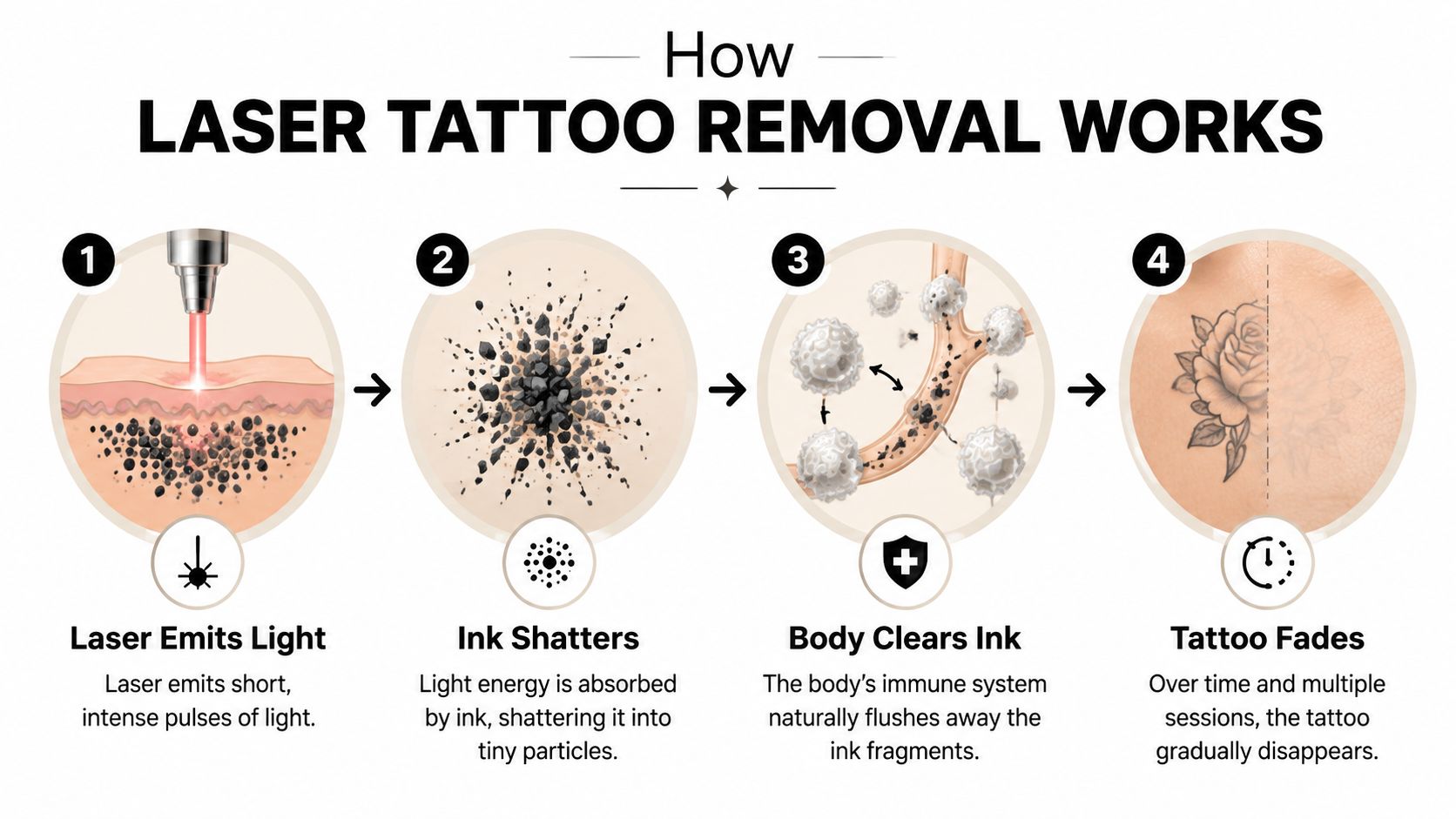 An infographic showing the four steps of how laser tattoo removal works on human skin.