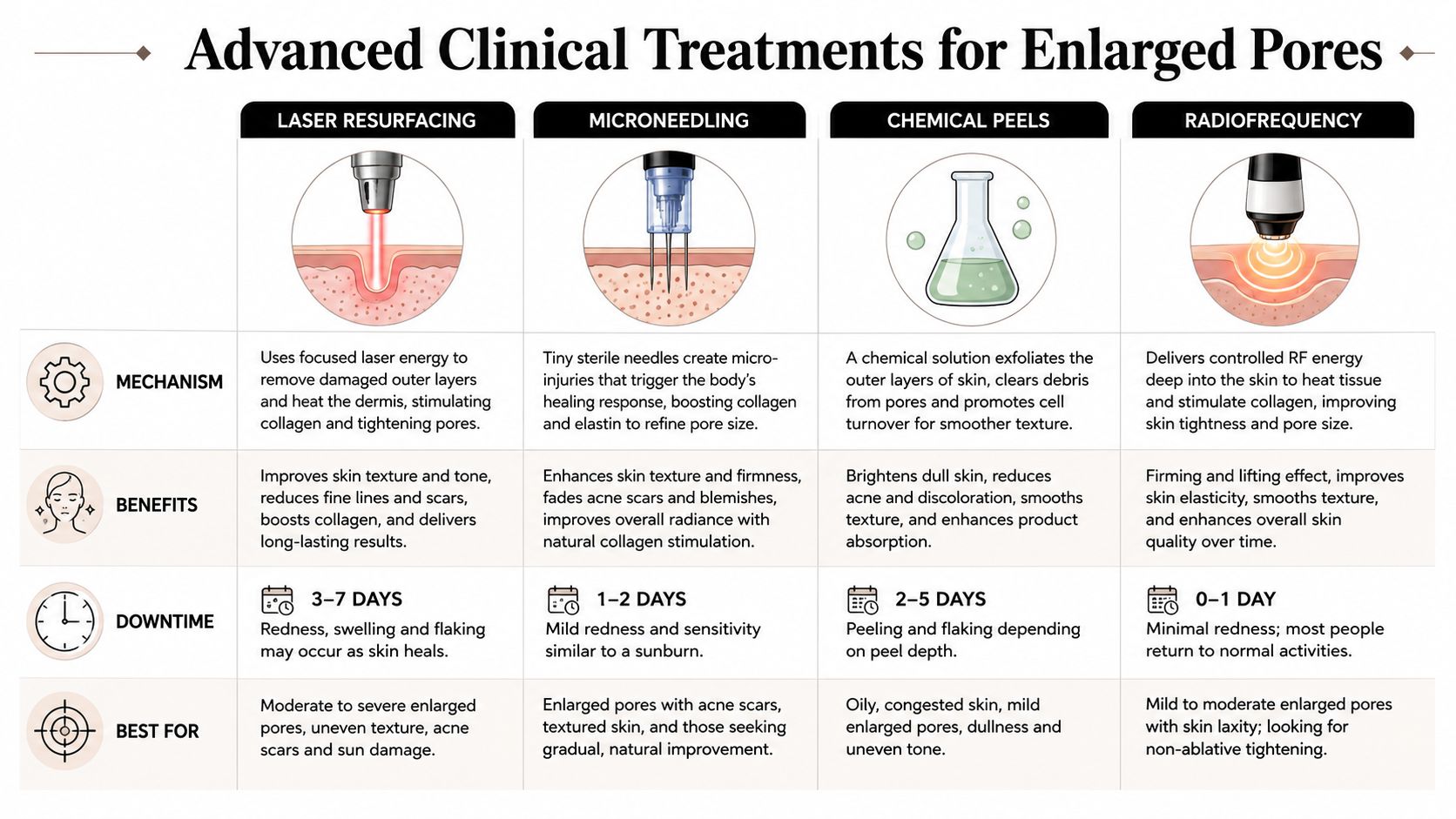 A comparison chart outlining professional cosmetic treatments for reducing enlarged pores, including their mechanisms, benefits, and downtime.