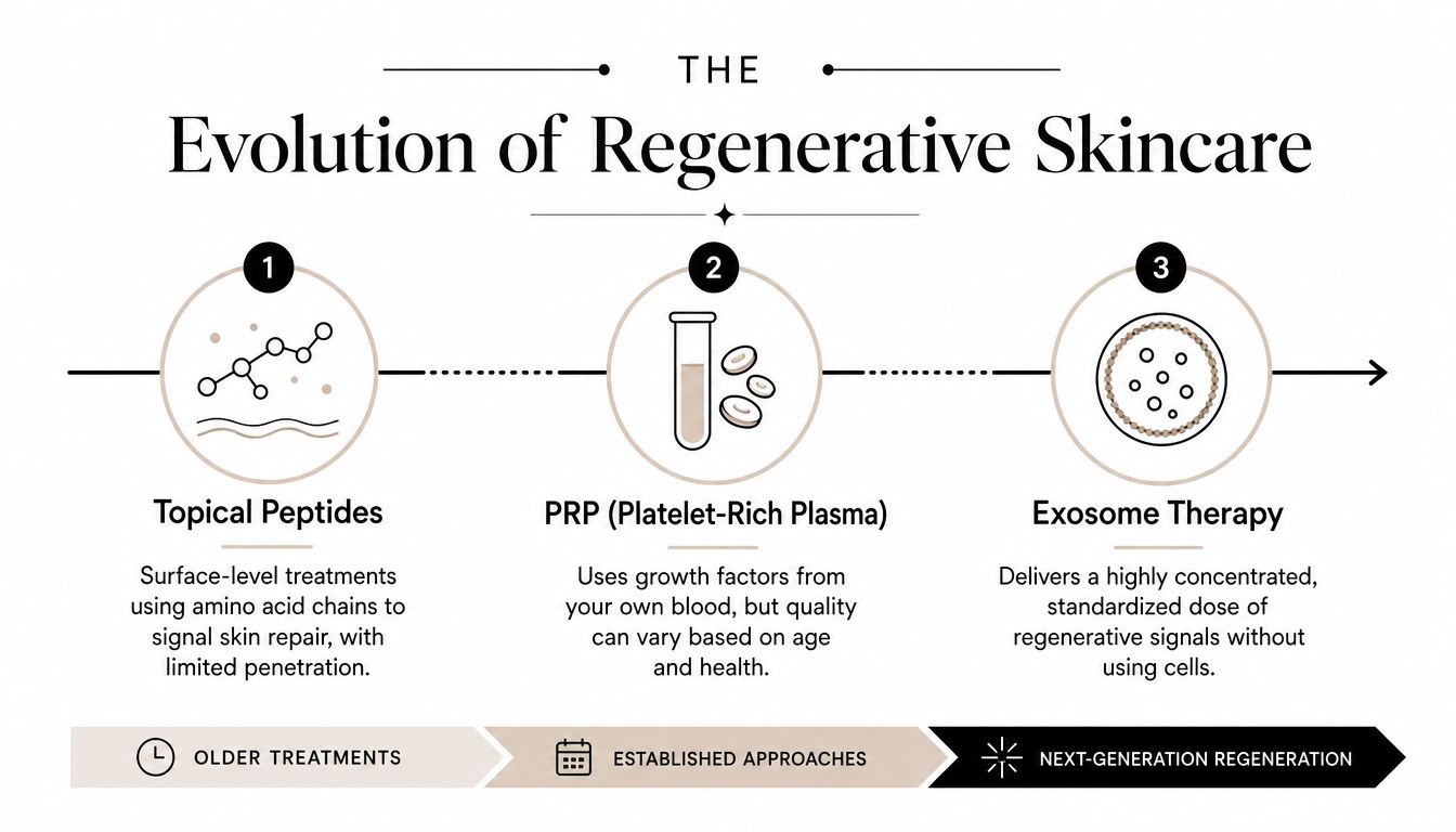 A visual timeline infographic illustrating the evolution of regenerative skincare from peptides to PRP and finally exosome therapy.