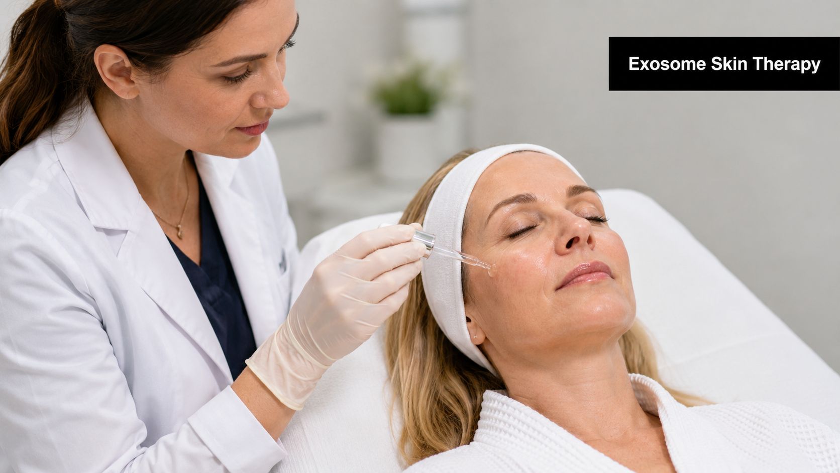 A professional skincare provider applying a nourishing treatment serum to a patient's face in a clinic.