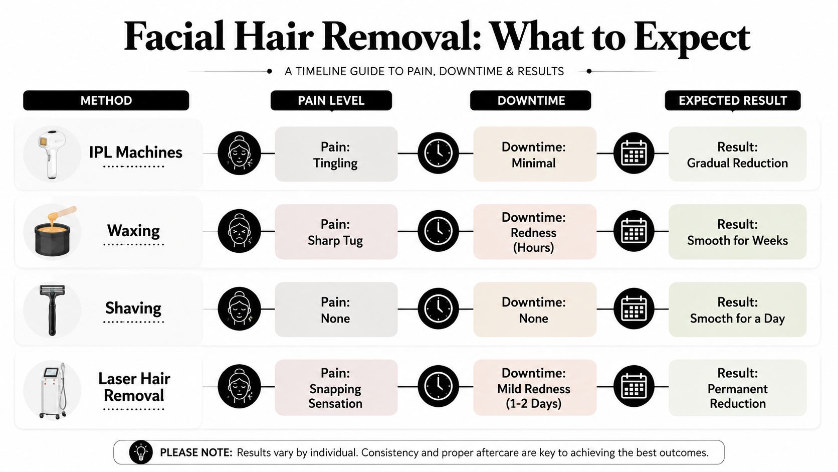 A comparison chart outlining pain, downtime, and results for IPL, waxing, shaving, and laser facial hair removal.