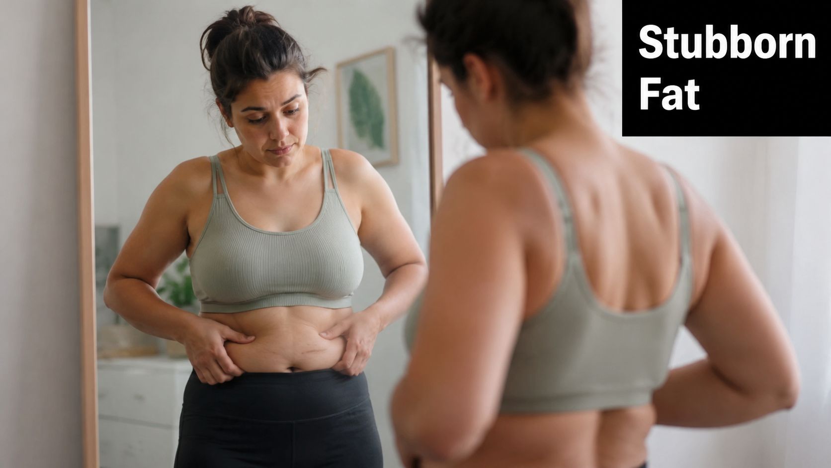 A woman looking in a mirror and pinching the skin around her abdomen with a concerned expression.