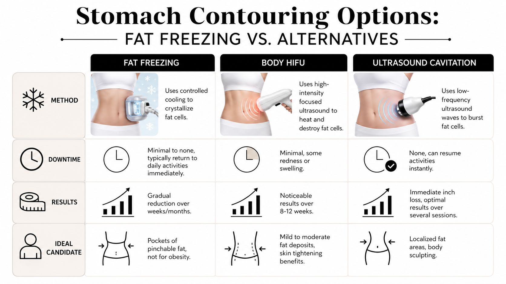 A comparison chart showing differences between fat freezing, body HIFU, and ultrasound cavitation for stomach contouring.