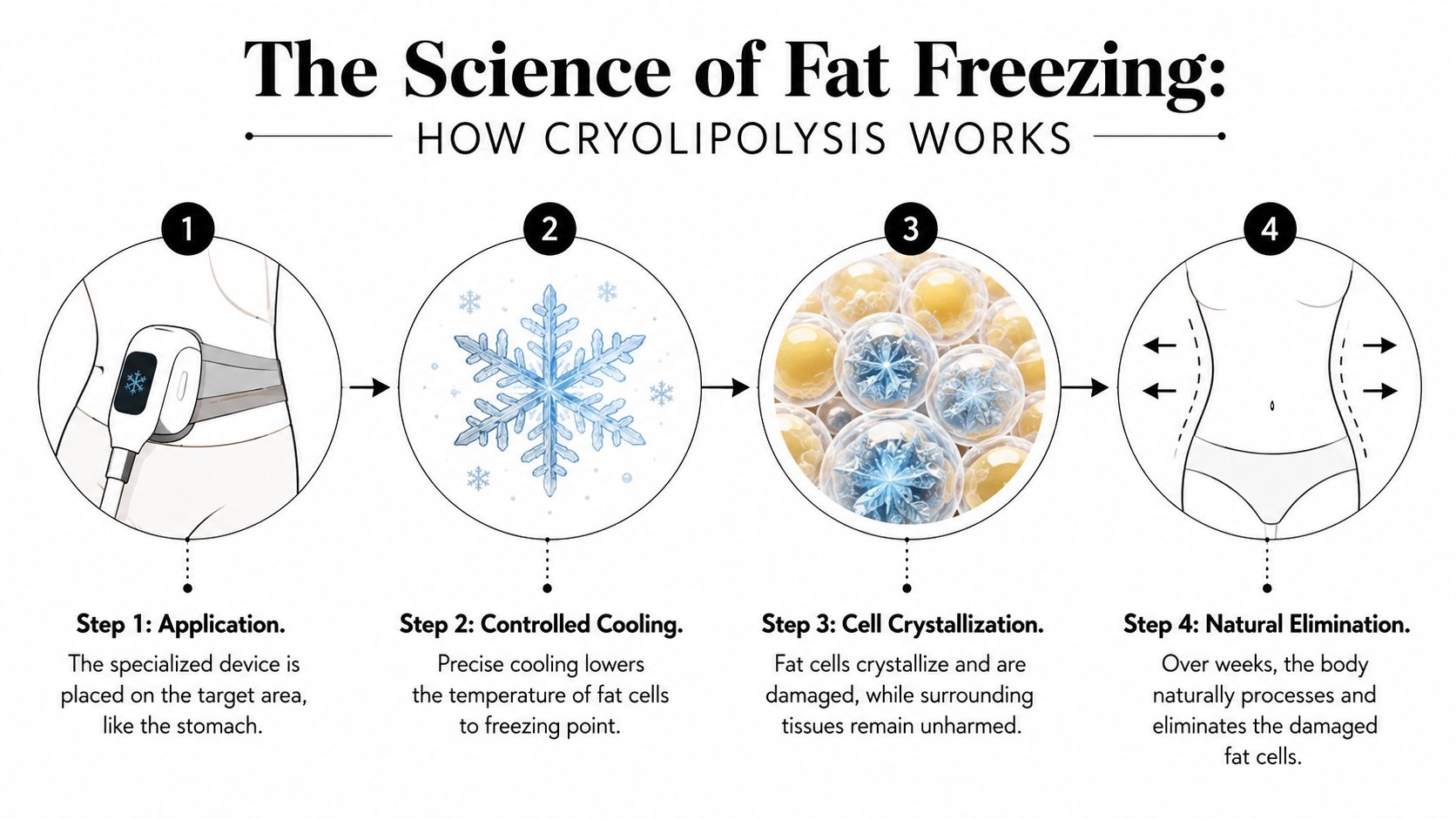 An infographic showing the four steps of the cryolipolysis process for freezing away stubborn fat cells.