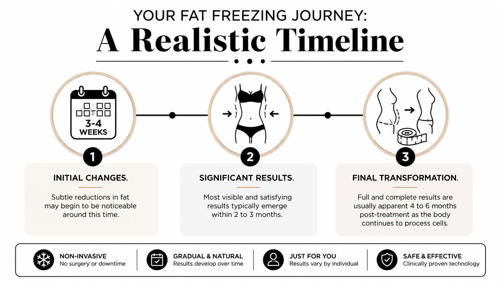 A timeline graphic showing the gradual stages of fat freezing treatment results from weeks to months.