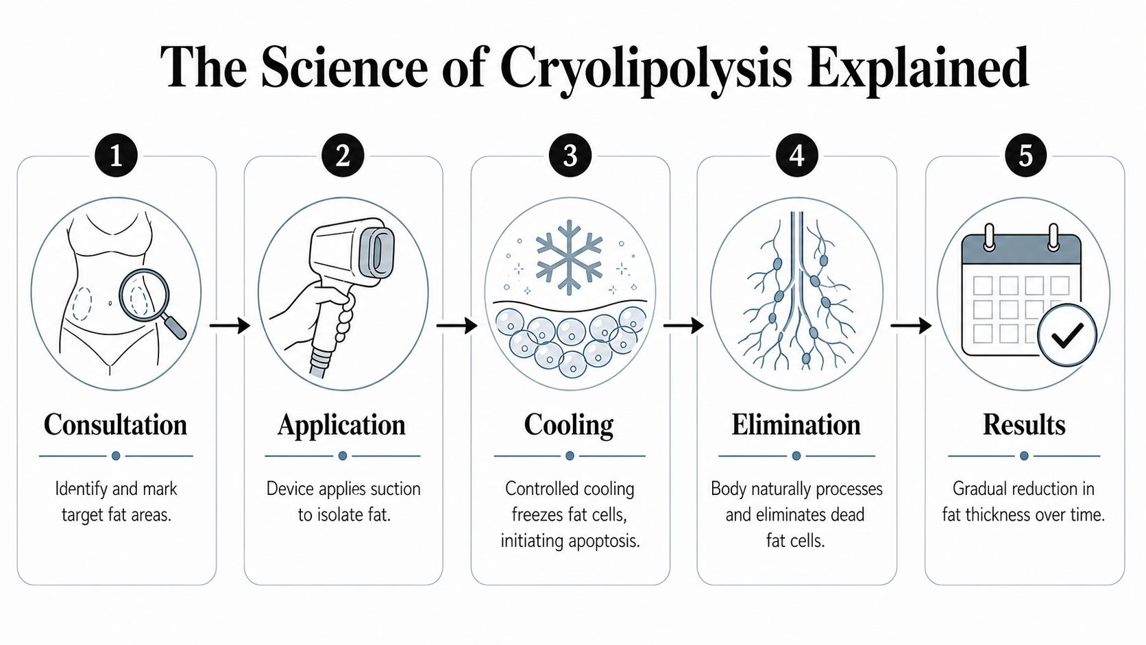 A five-step infographic illustrating the Cryolipolysis process from initial consultation to the final gradual fat reduction results.