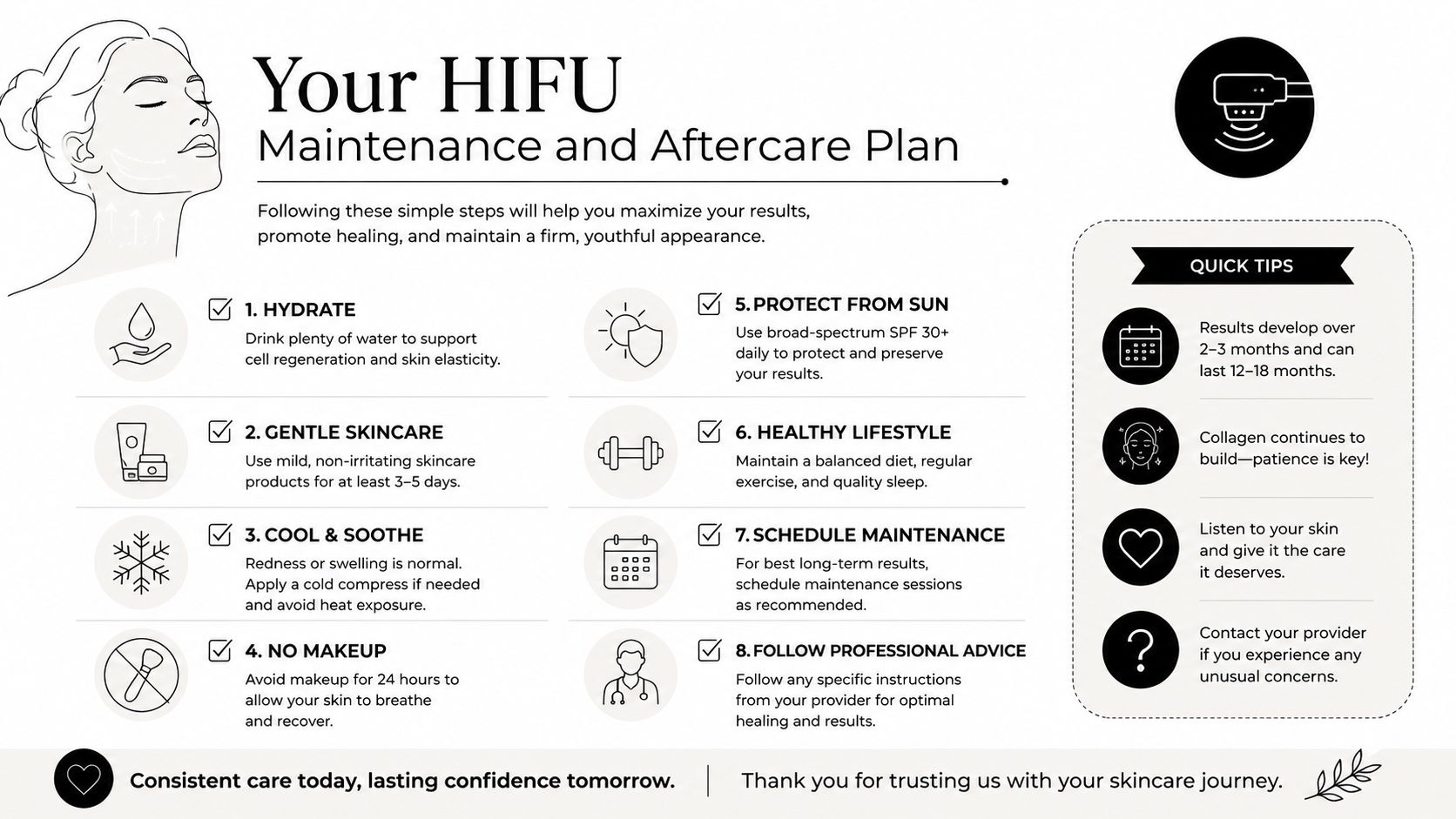 An infographic detailing essential post-treatment maintenance and aftercare steps for optimal HIFU facial lift results.