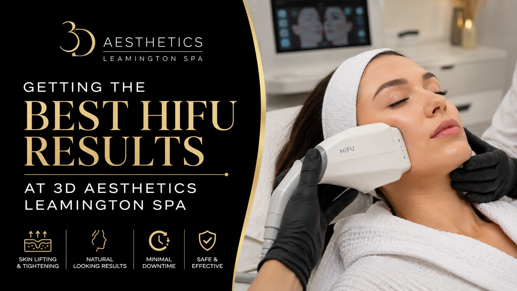 A professional aesthetician performs a HIFU skin lifting and tightening treatment on a client at a spa.