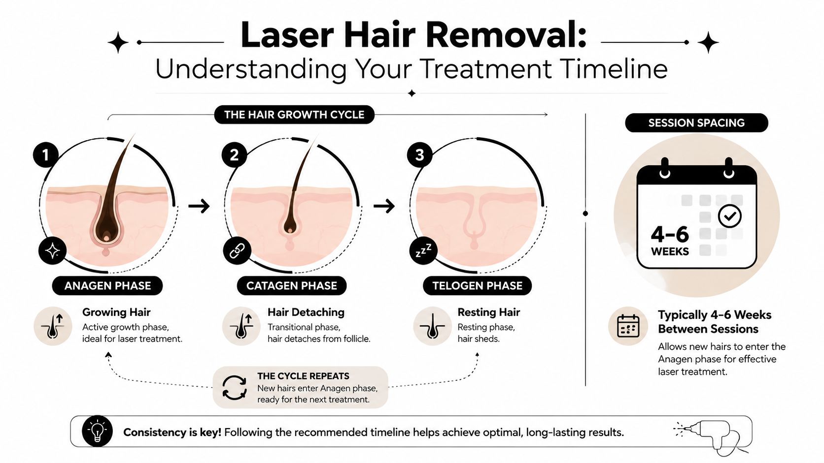 An educational infographic explaining the three stages of the hair growth cycle for effective laser hair removal.