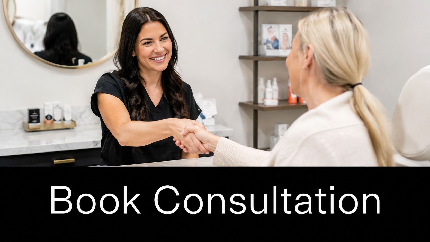 A professional esthetician shaking hands with a client during a medical spa consultation visit.