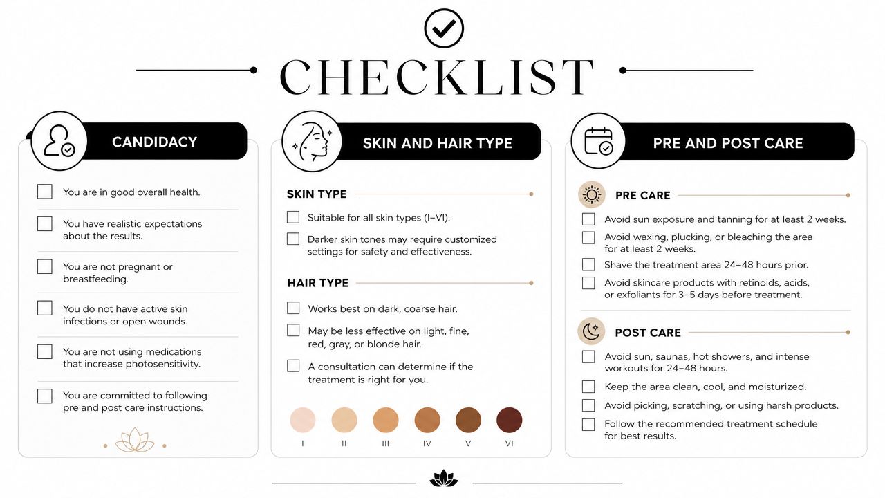 A comprehensive checklist for laser hair removal including candidacy, skin and hair type guidelines, and care instructions.