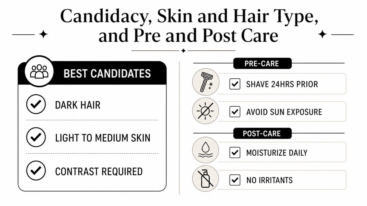 Informational guide on laser hair removal, including candidate requirements and essential pre-care and post-care instructions.
