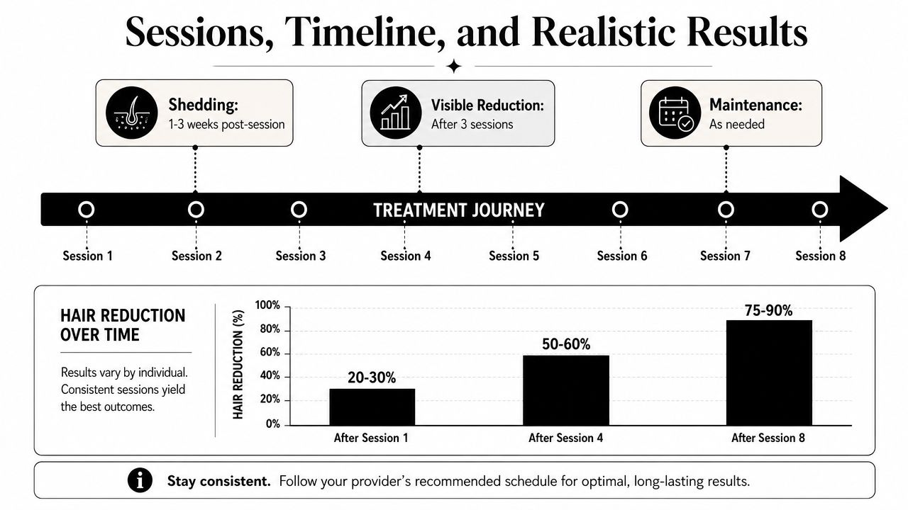 A visual timeline chart illustrating the progression of laser hair removal sessions and expected hair reduction results.