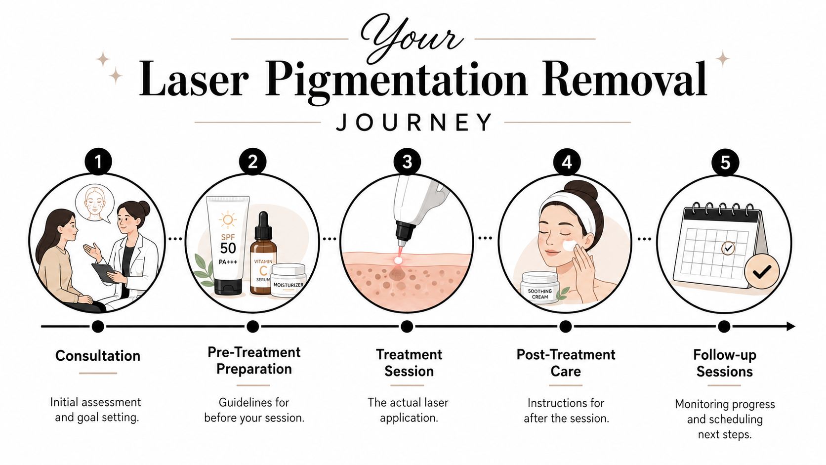 A five-step infographic showing the patient journey for laser pigmentation removal treatment from consultation to follow-up.