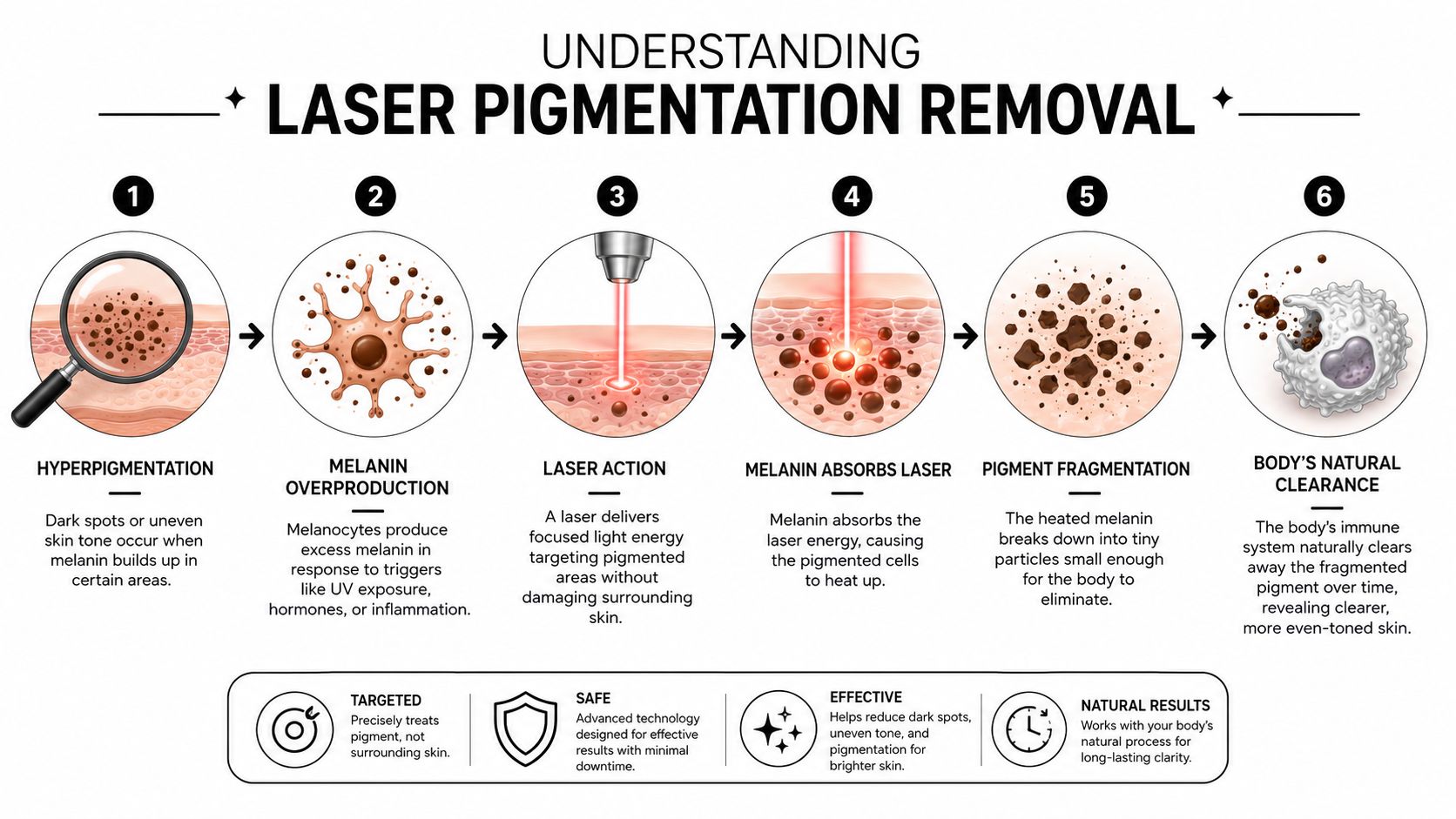 A six-step infographic explaining how laser pigmentation removal works to reduce dark spots and even skin tone.